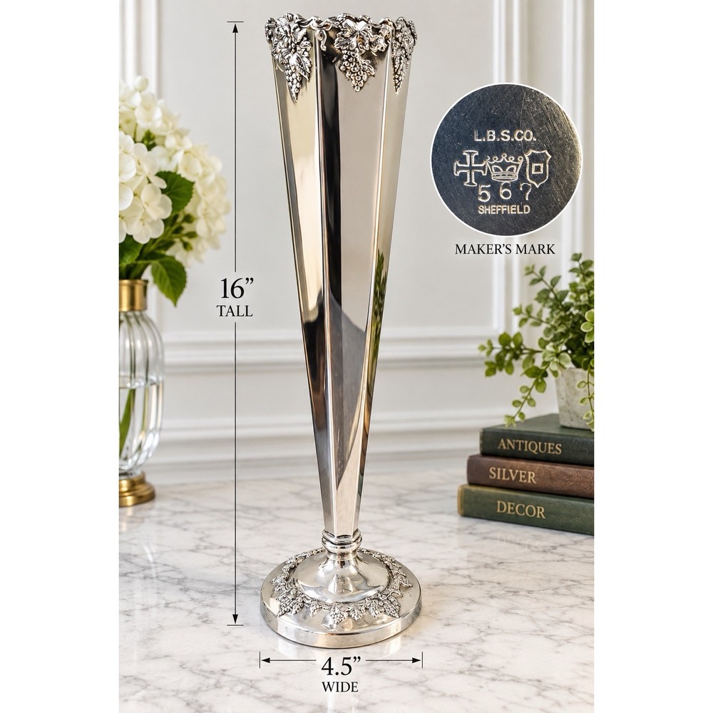 Vintage Lawrence B Smith LBS Co Silverplate 16" Trumpet Vase Grapevine #567
